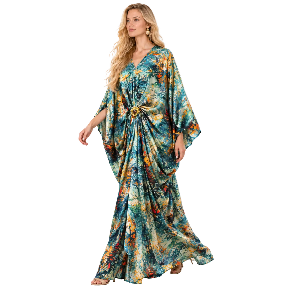 Blue Tropical Print Elegant Batwing Kaftan-3