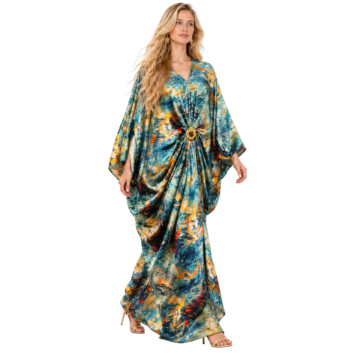 Blue Tropical Print Batwing Gamis Kaftan