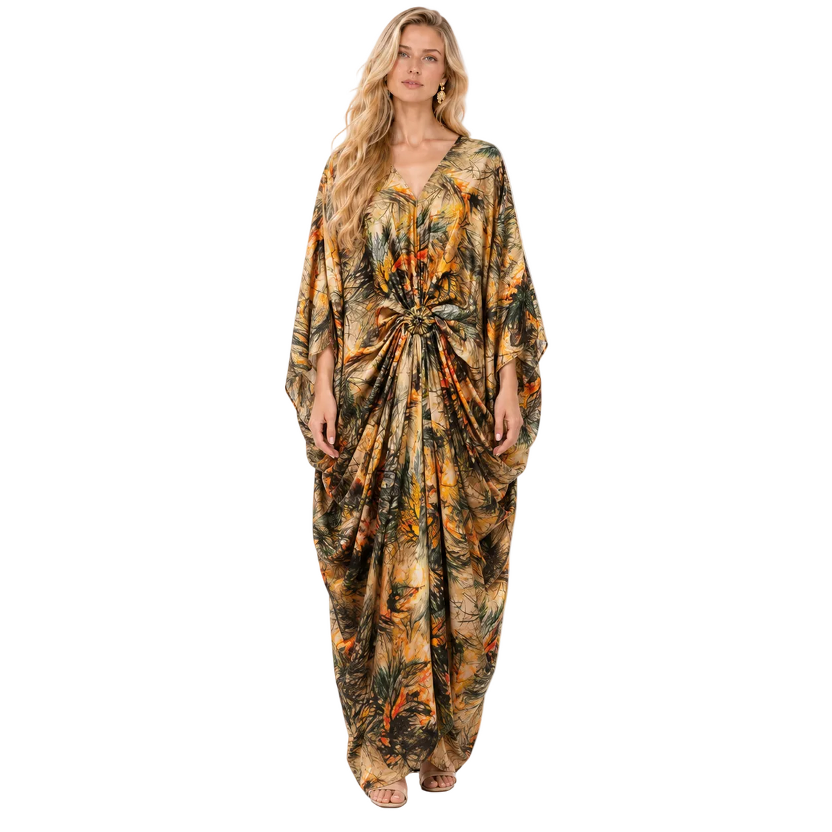Elegant Cream Botanical Printed Gamis Kaftan