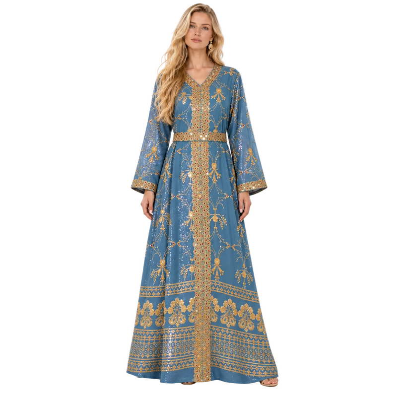 Blue Gold Embroidered Gamis Luxury Kaftan-1