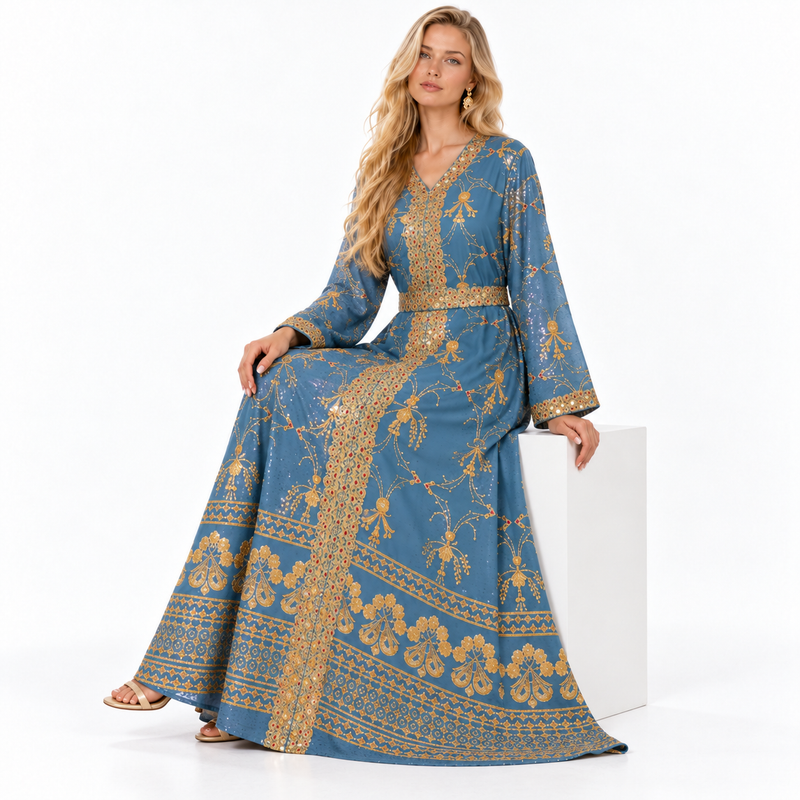 Blue Gold Embroidered Gamis Luxury Kaftan-3