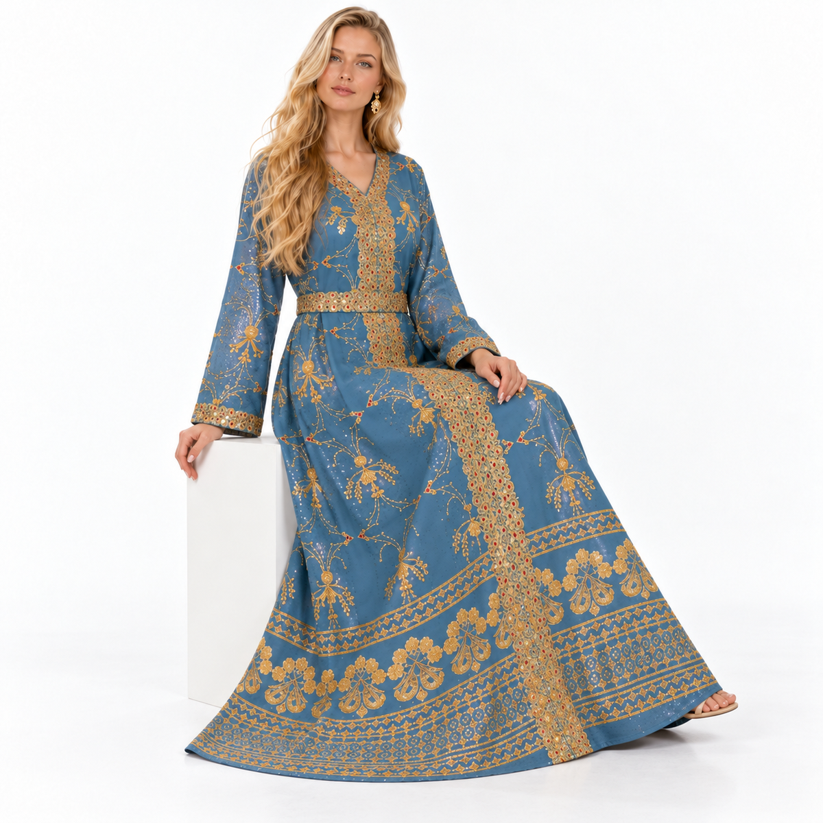 Blue Gold Embroidered Gamis Luxury Kaftan-2