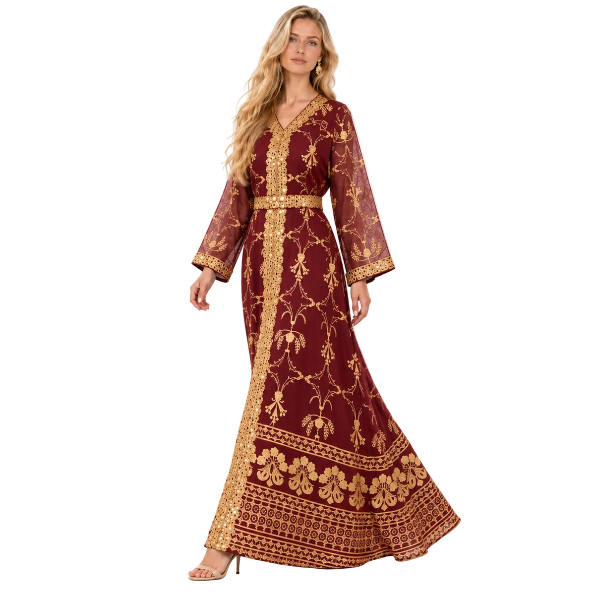 Red Gold Embroidered Elegant Gamis Kaftan-3