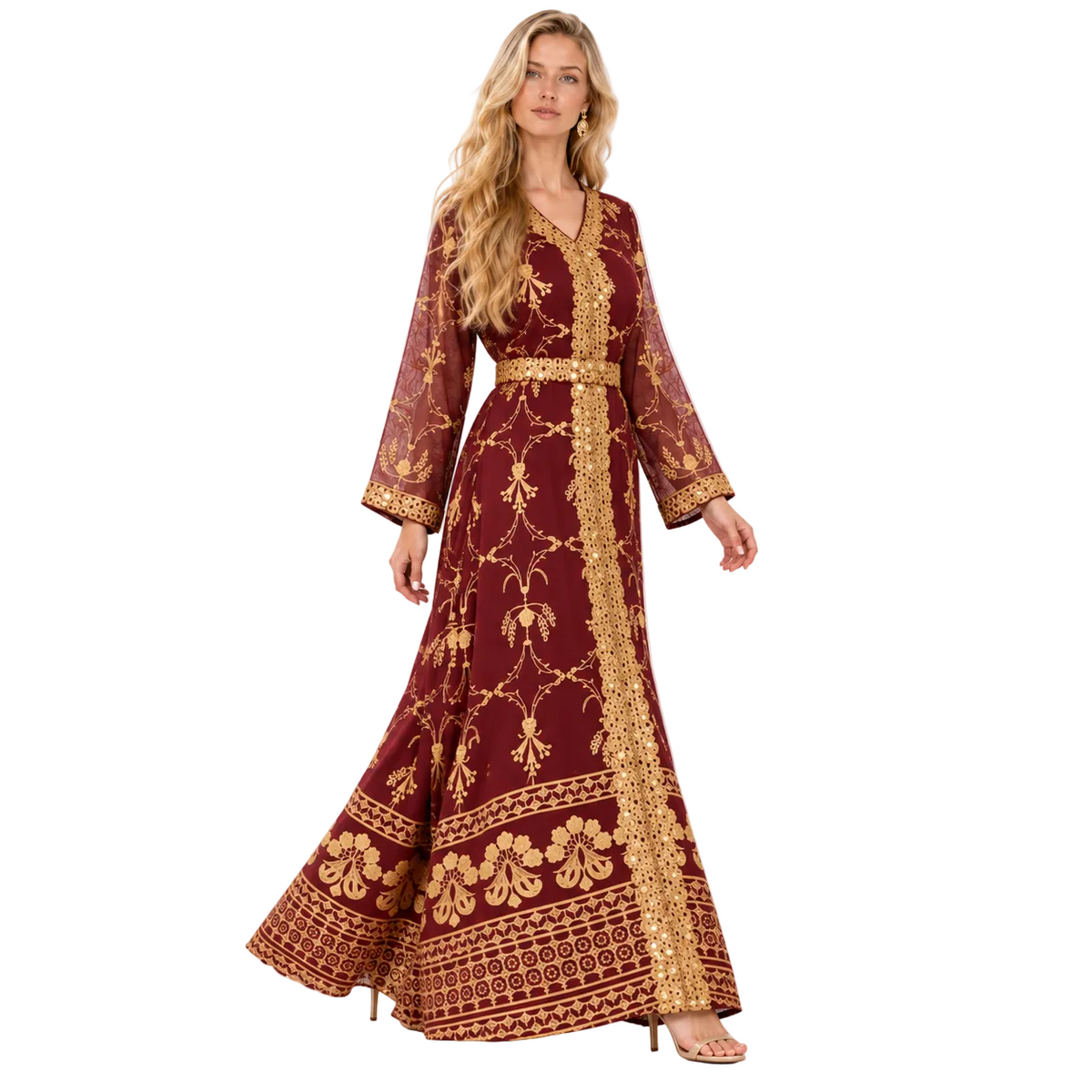 Red Gold Embroidered Elegant Gamis Kaftan