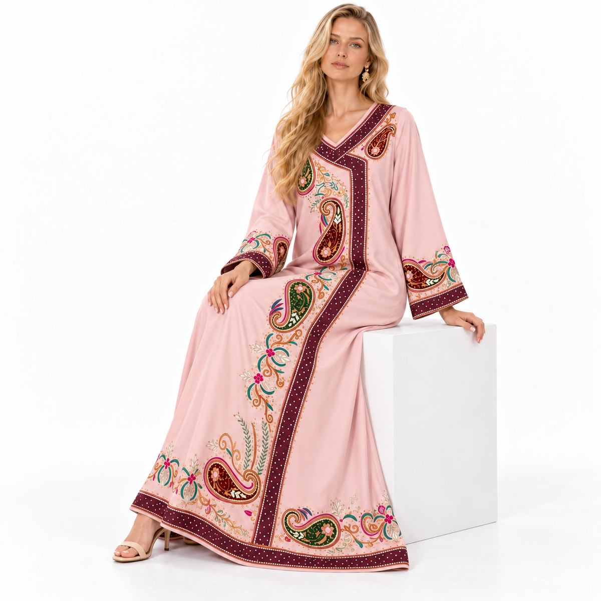 Pink Paisley Embroidered Gamis Luxury Kaftan-2