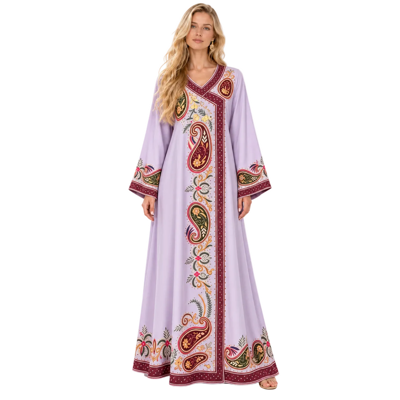 Lavender Paisley Embroidered Elegant Gamis Kaftan-1