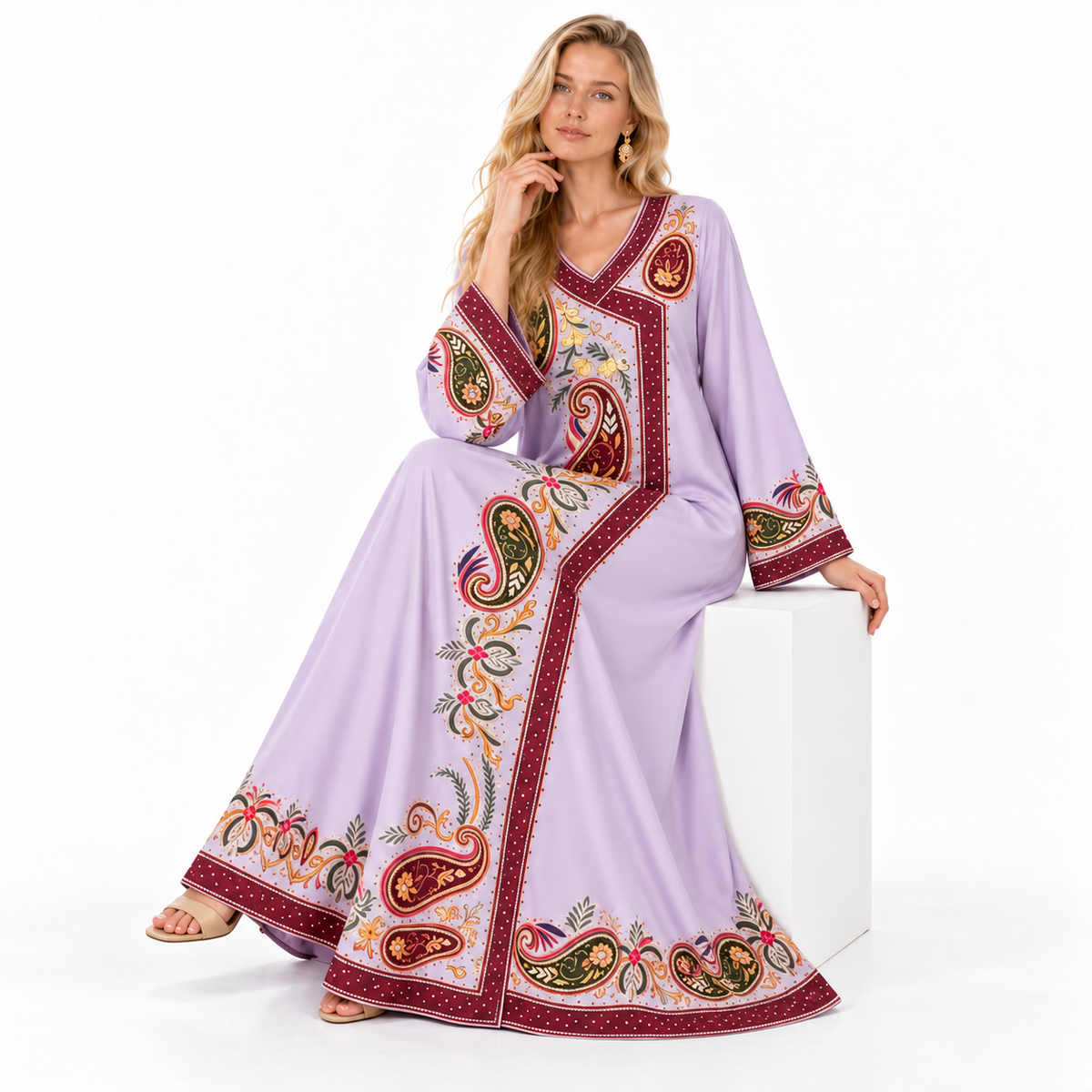 Lavender Paisley Embroidered Elegant Gamis Kaftan-3
