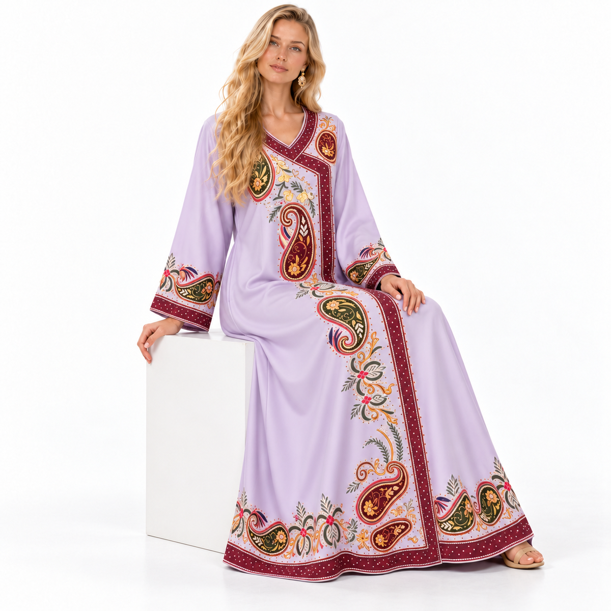 Lavender Paisley Embroidered Elegant Gamis Kaftan