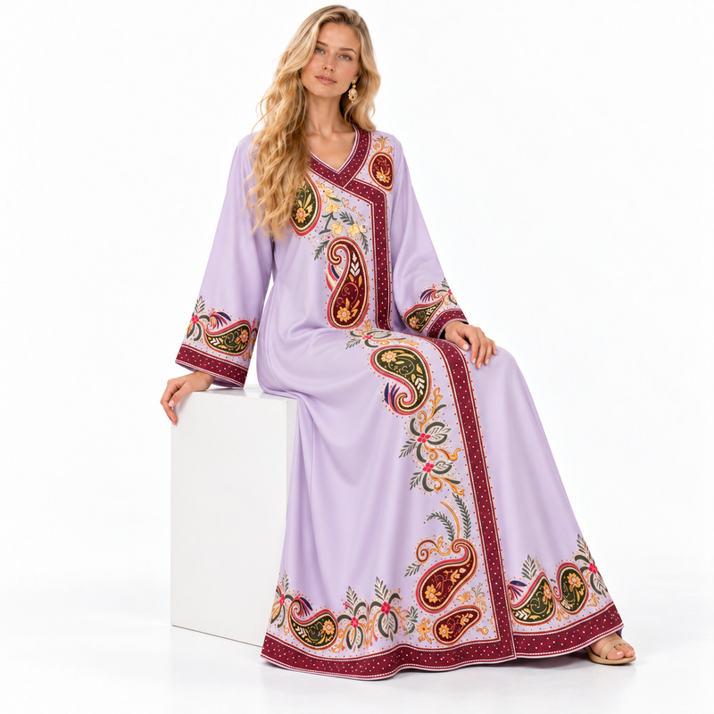 Lavender Paisley Embroidered Elegant Gamis Kaftan-2