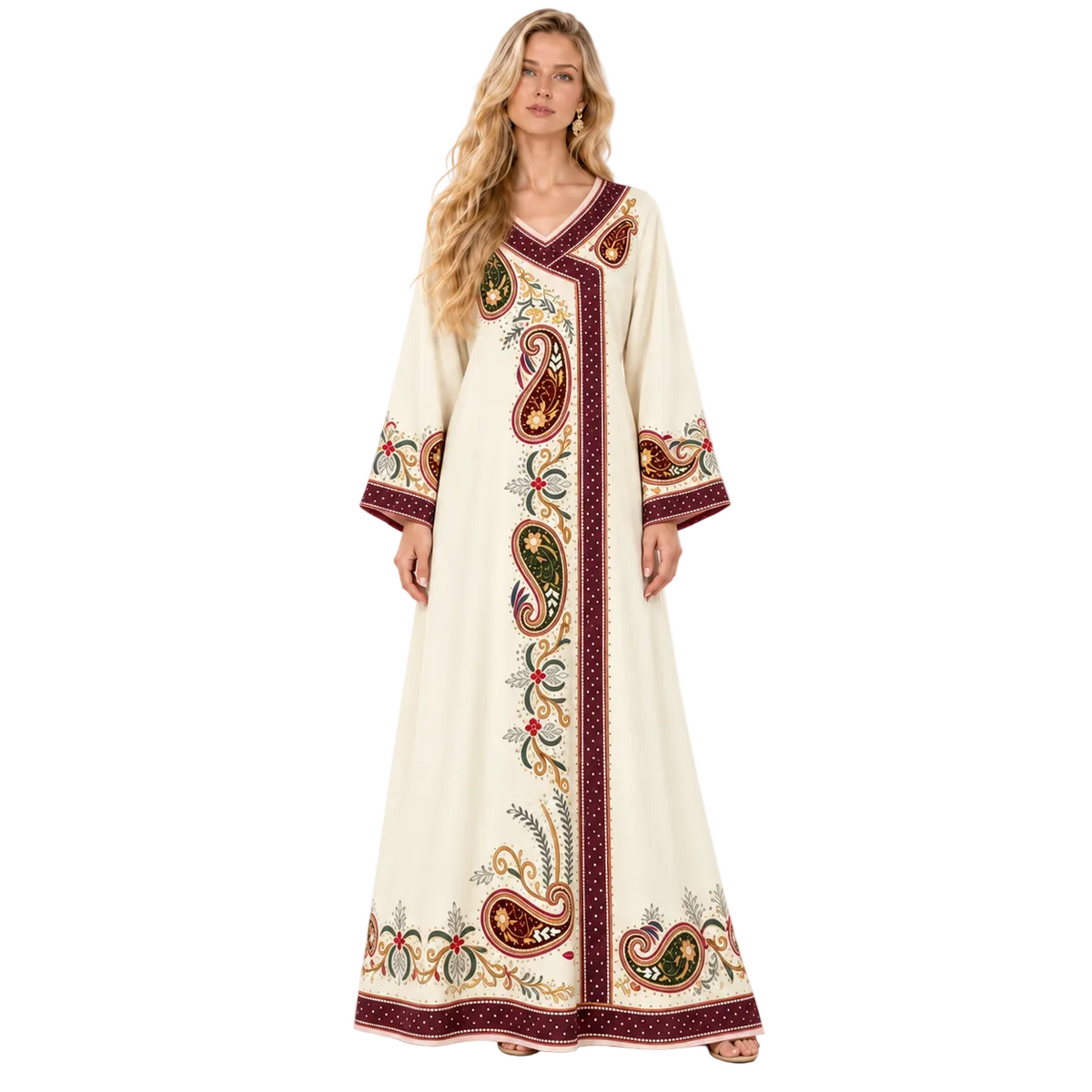 Ivory Paisley Embroidered Luxury Gamis Kaftan