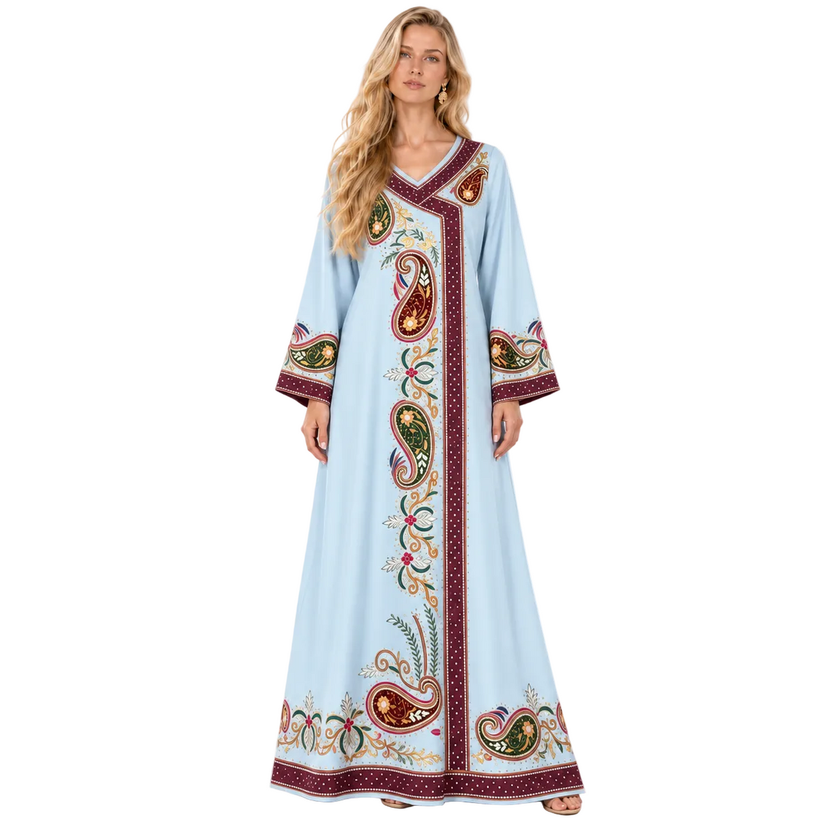Light Blue Paisley Embroidered Gamis Kaftan-1
