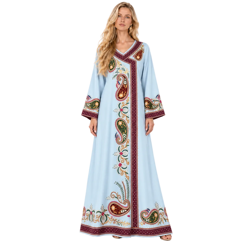 Light Blue Paisley Embroidered Gamis Kaftan-1