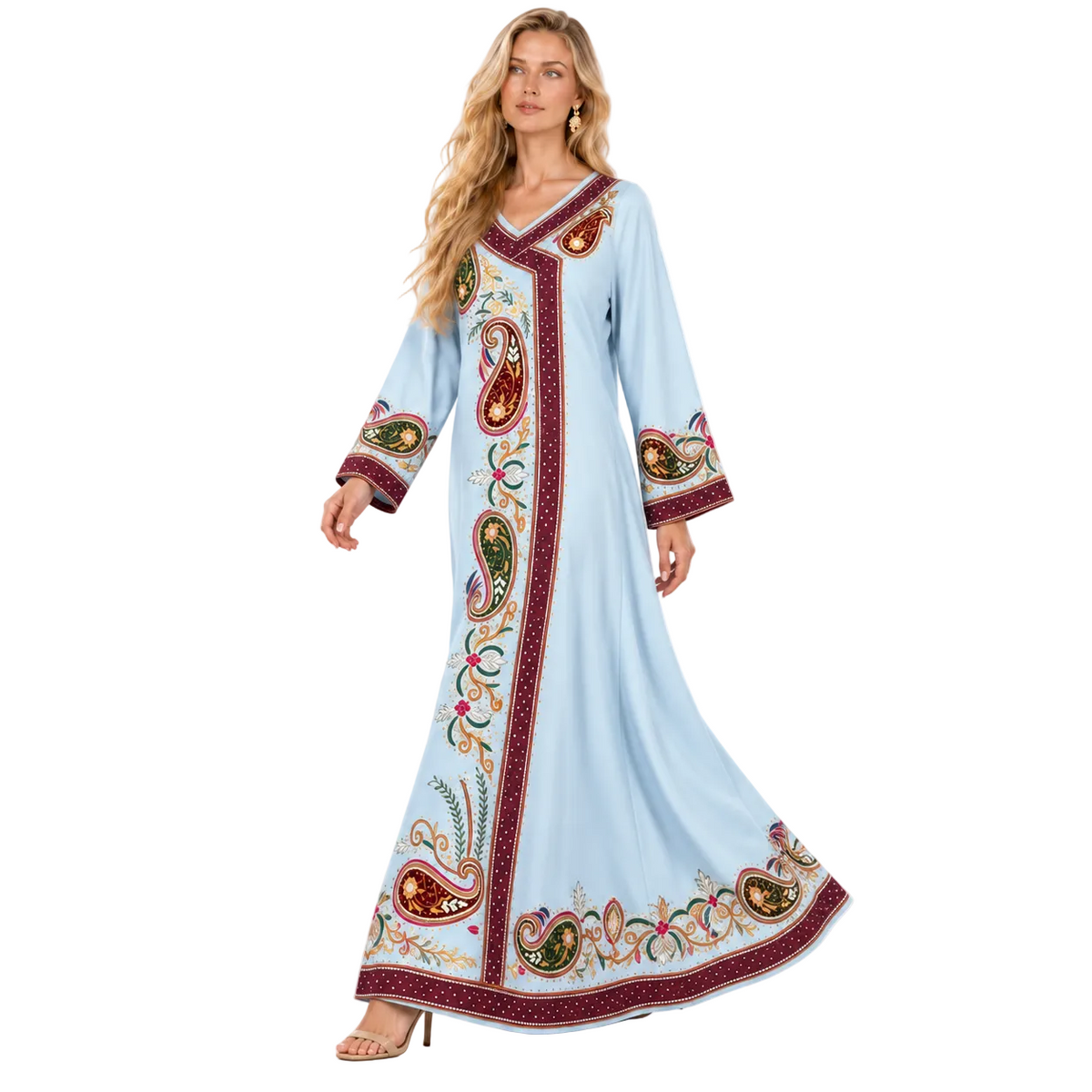 Light Blue Paisley Embroidered Gamis Kaftan-3