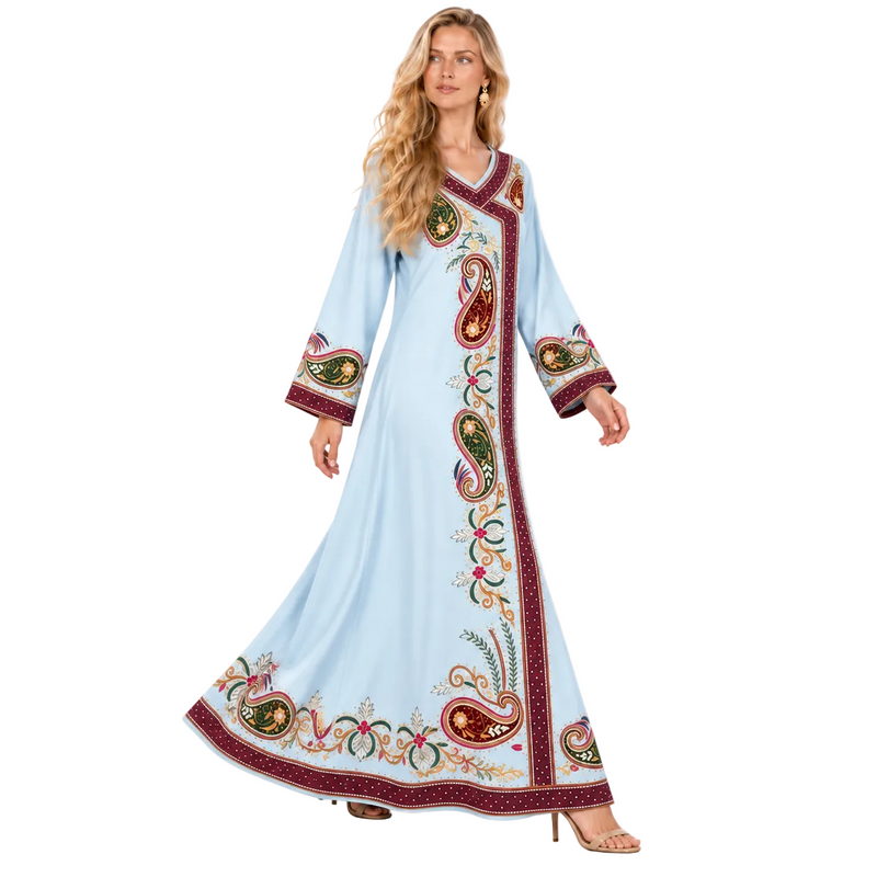 Light Blue Paisley Embroidered Gamis Kaftan-2