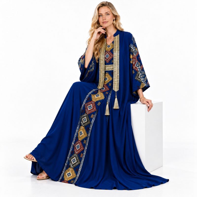 Royal Blue Geometric Embroidered Luxury Kaftan-3