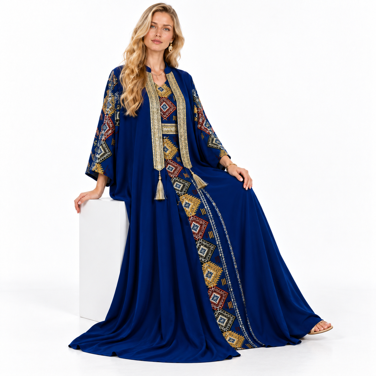 Royal Blue Geometric Embroidered Luxury Kaftan-2