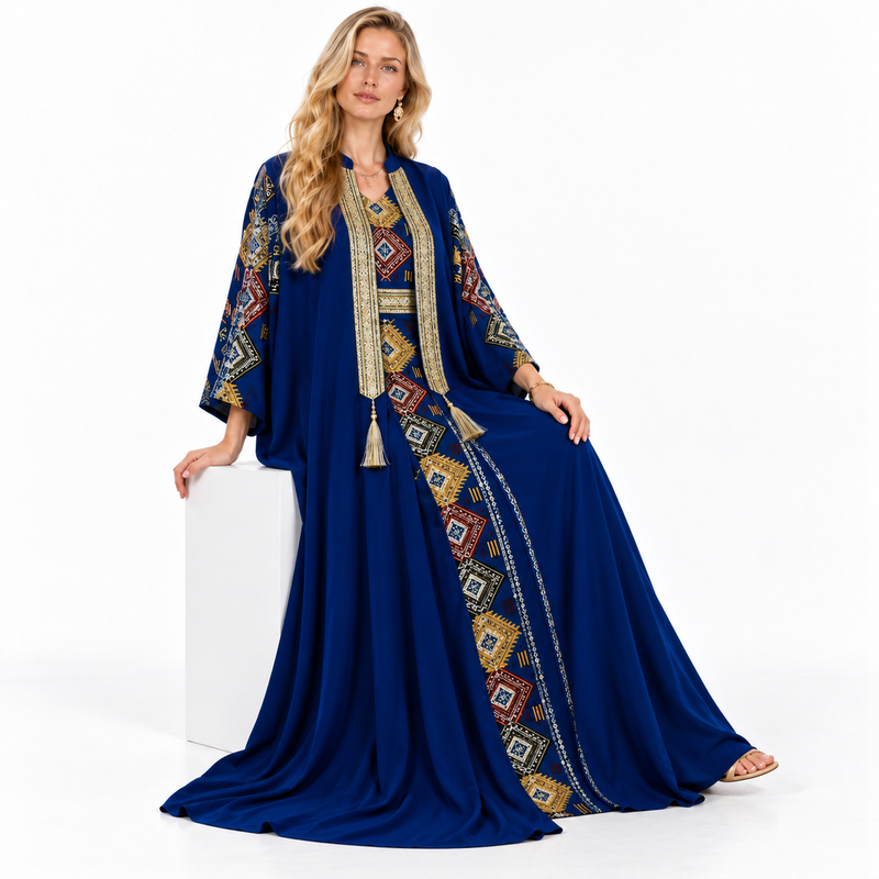 Royal Blue Geometric Embroidered Luxury Kaftan-2