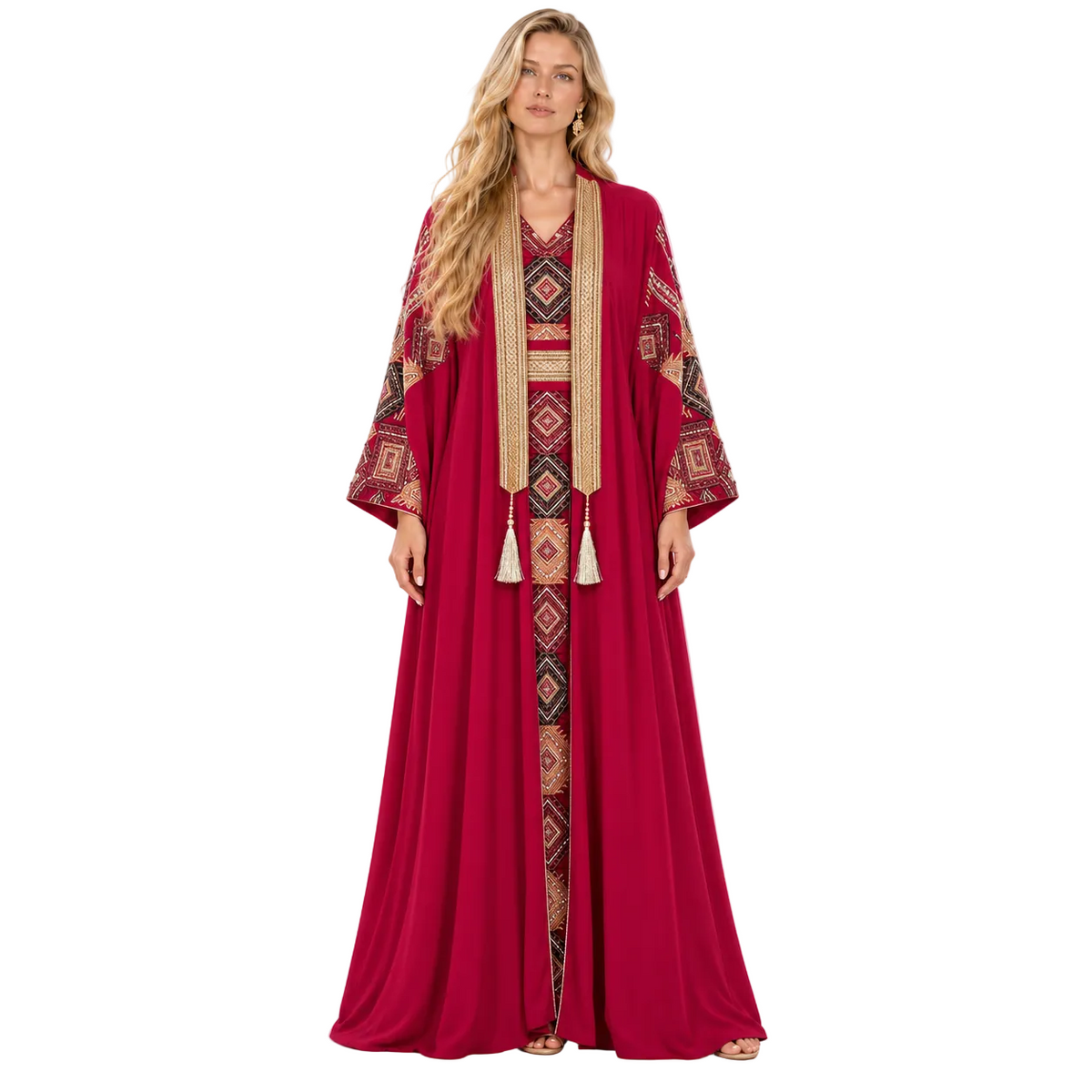 Burgundy Geometric Embroidered Elegant Gamis Kaftan-1