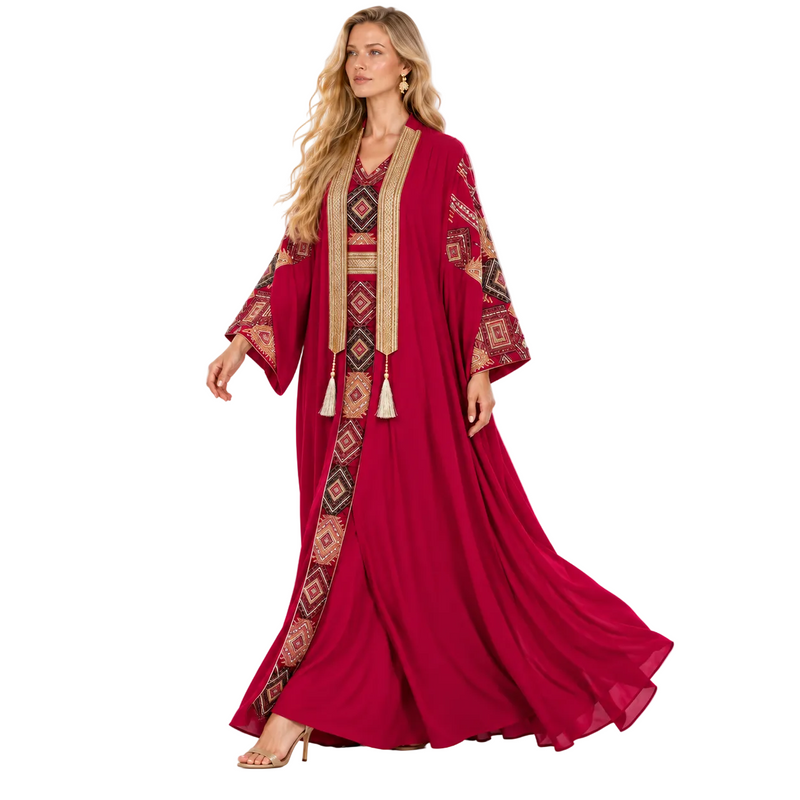 Burgundy Geometric Embroidered Elegant Gamis Kaftan-3