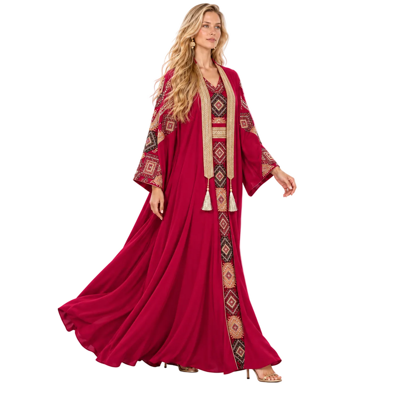 Burgundy Geometric Embroidered Elegant Gamis Kaftan-2