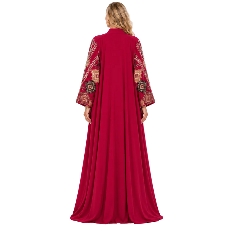 Burgundy Geometric Embroidered Elegant Gamis Kaftan-4
