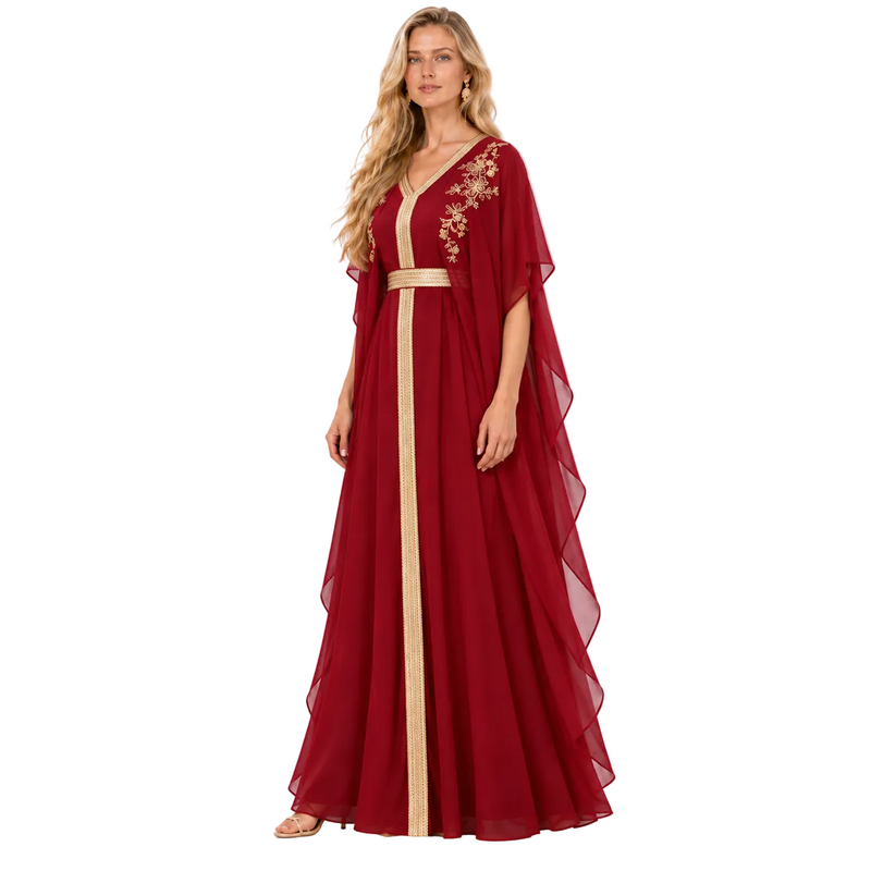 Burgundy Gold Embroidered Luxury Gamis Kaftan-2