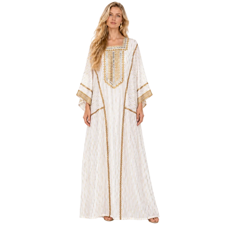 Elegant White Gold Embroidered Gamis Kaftan-1