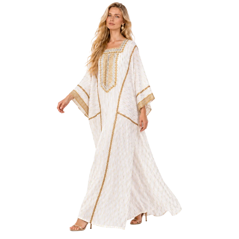 Elegant White Gold Embroidered Gamis Kaftan-3