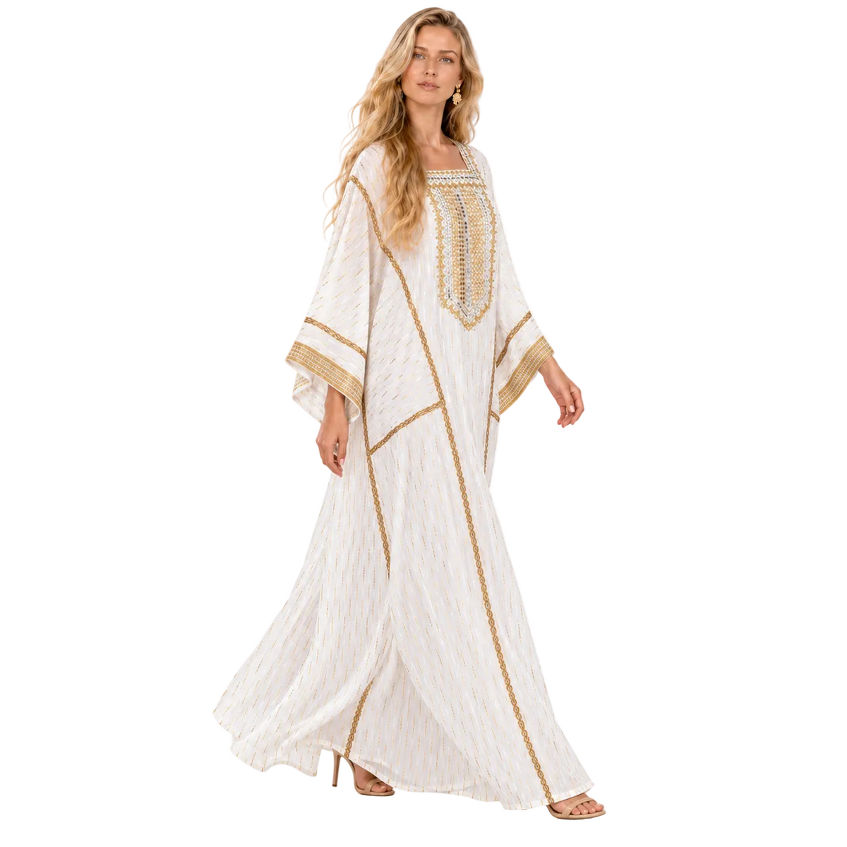 Elegant White Gold Embroidered Gamis Kaftan-2