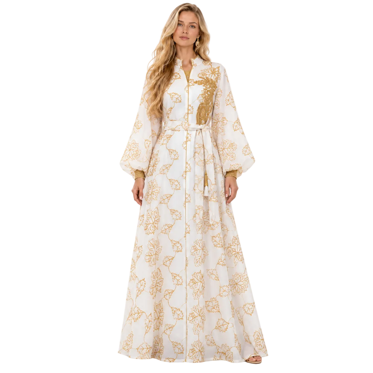 White Gold Floral Embroidered Luxury Kaftan-1