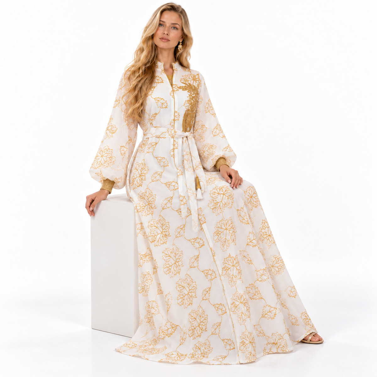White Gold Floral Embroidered Luxury Kaftan-2