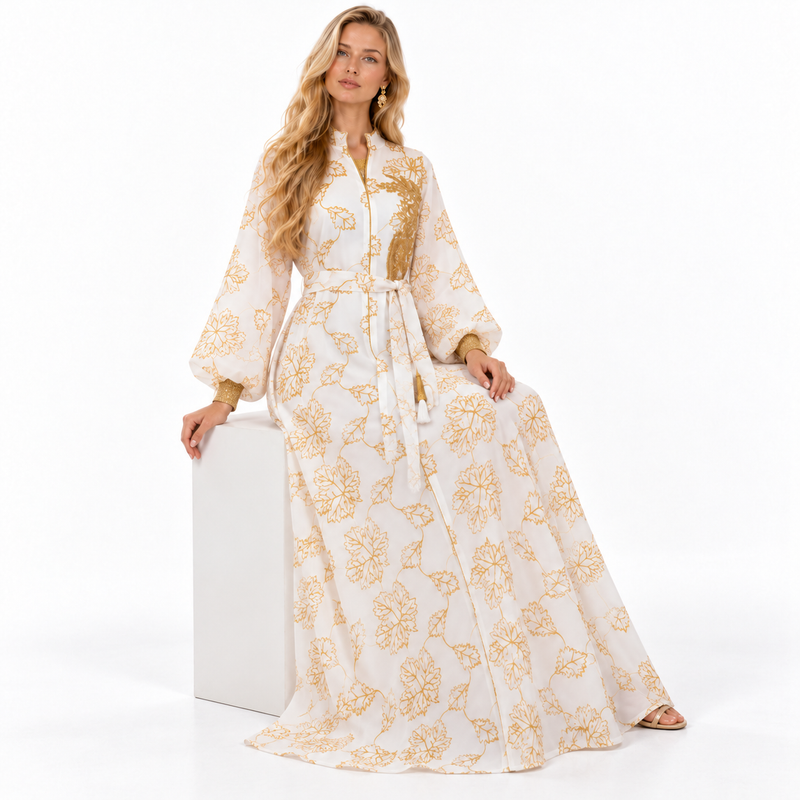 White Gold Floral Embroidered Luxury Kaftan-2