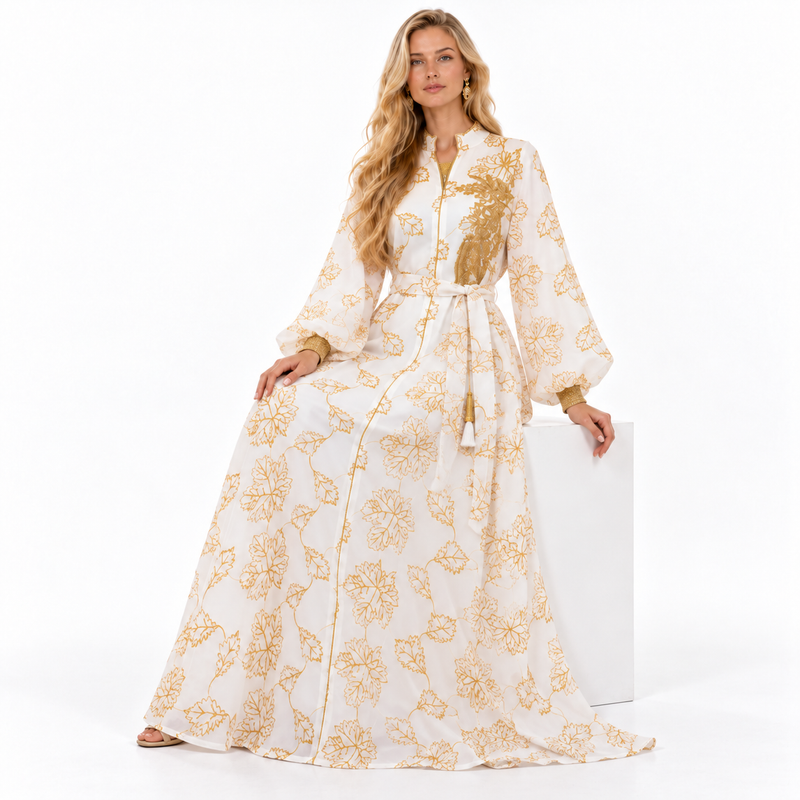 White Gold Floral Embroidered Luxury Kaftan-3