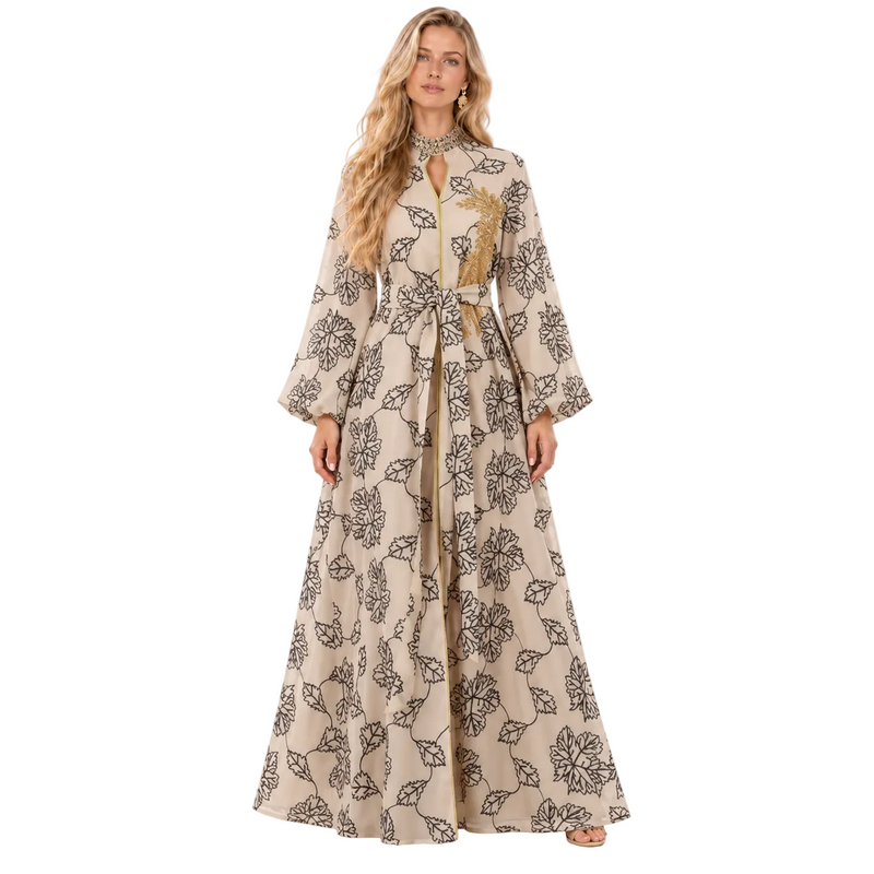Elegant Apricot Floral Printed Gamis Kaftan-1