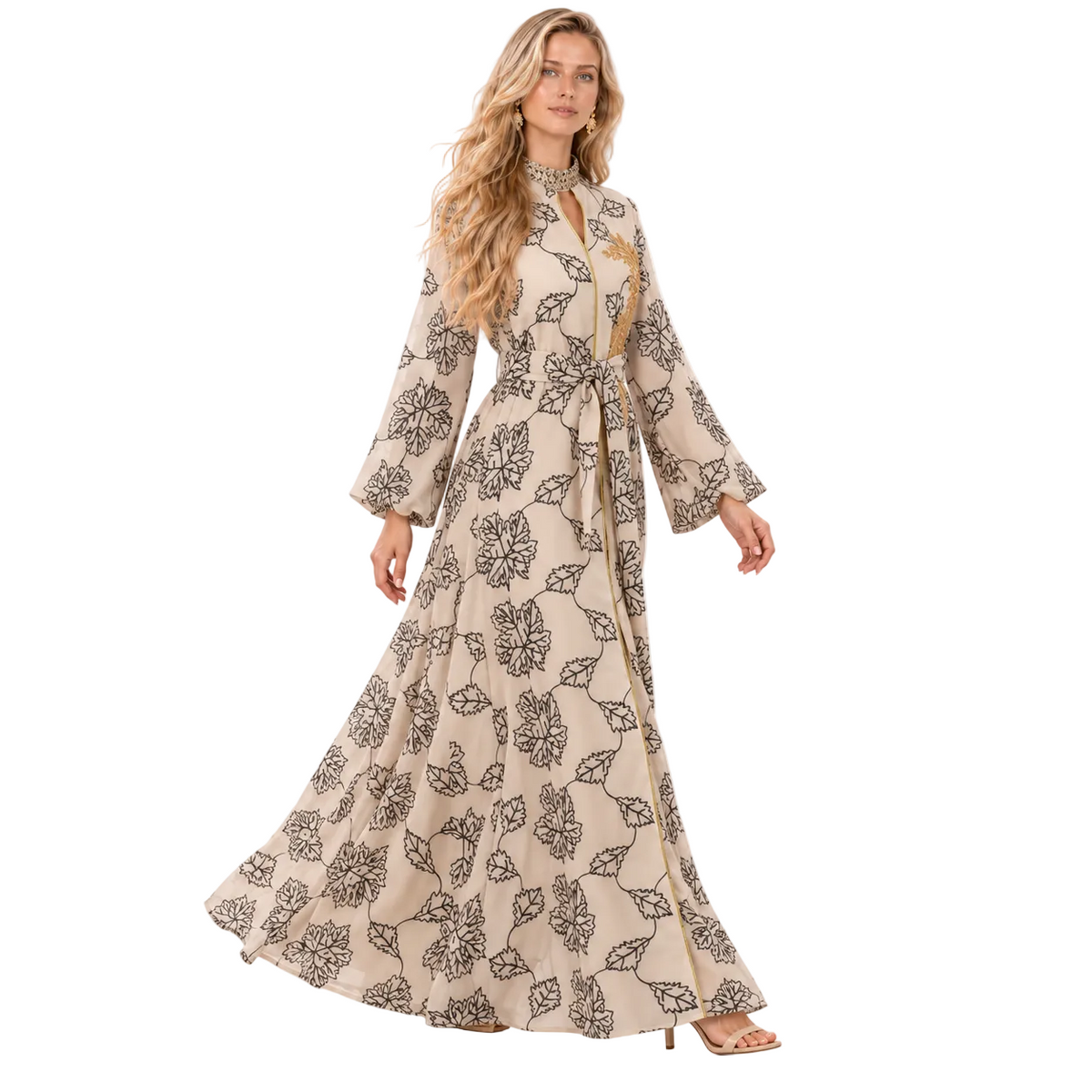 Elegant Apricot Floral Printed Gamis Kaftan