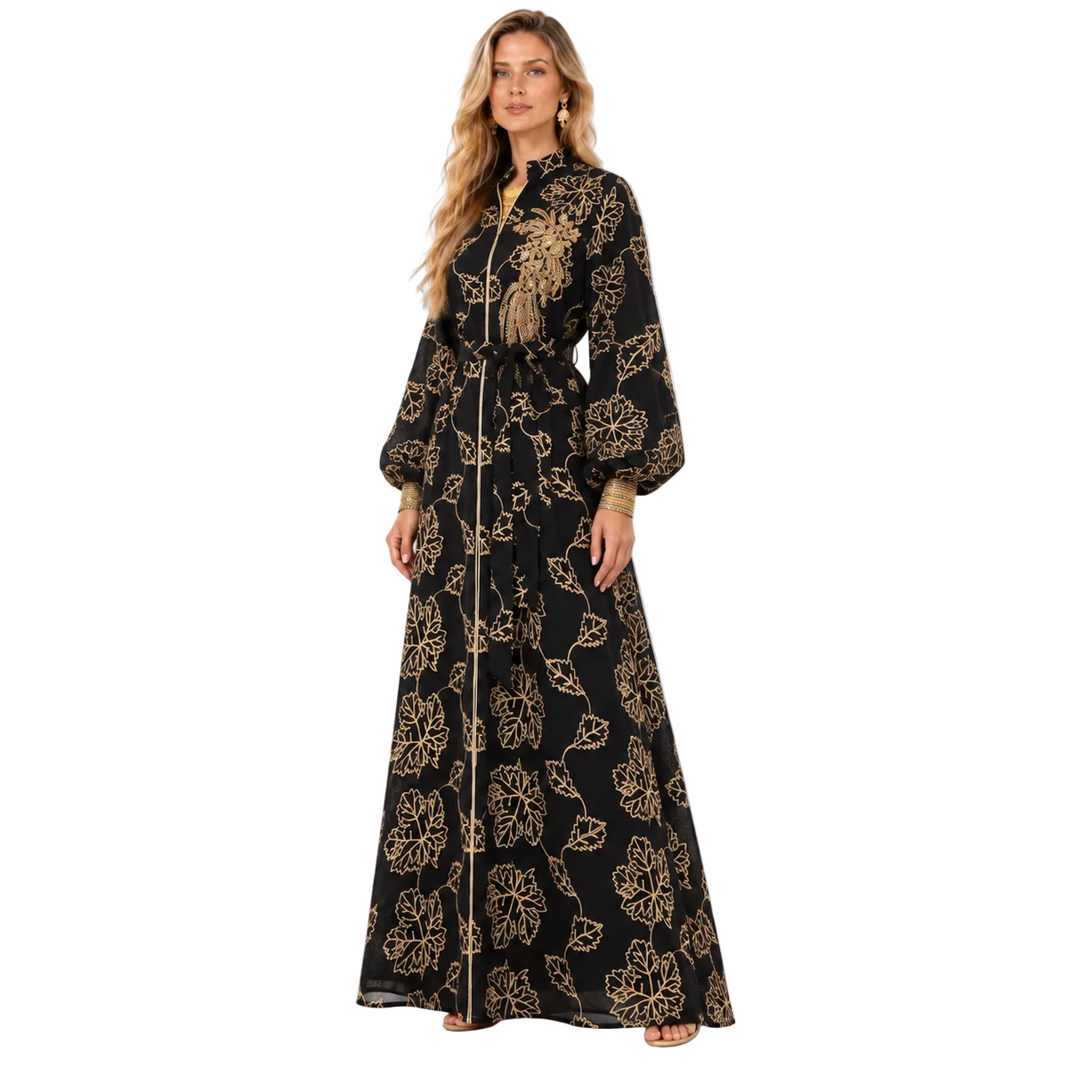 Black Gold Floral Embroidered Gamis Kaftan-2