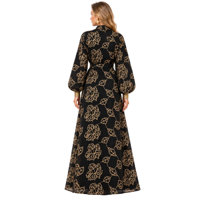 Black Gold Floral Embroidered Gamis Kaftan-4