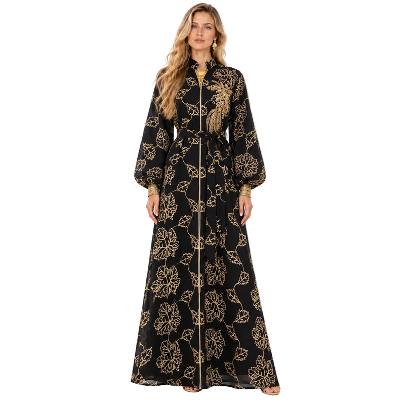 Black Gold Floral Embroidered Gamis Kaftan-1