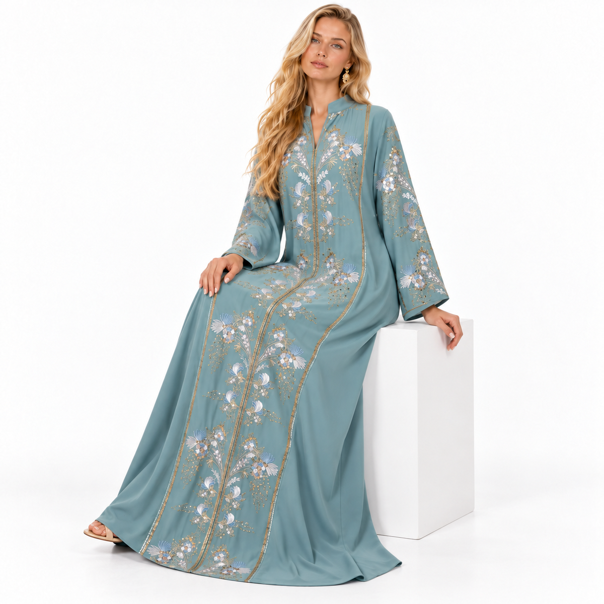 Light Green Floral Embroidered Luxury Kaftan-3