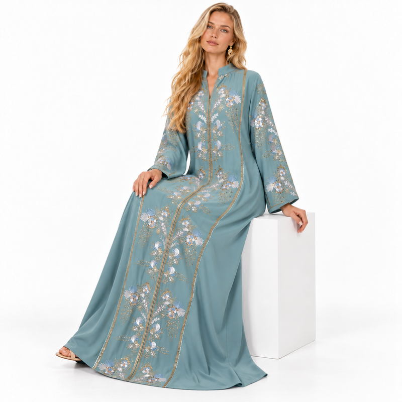 Light Green Floral Embroidered Luxury Kaftan-3