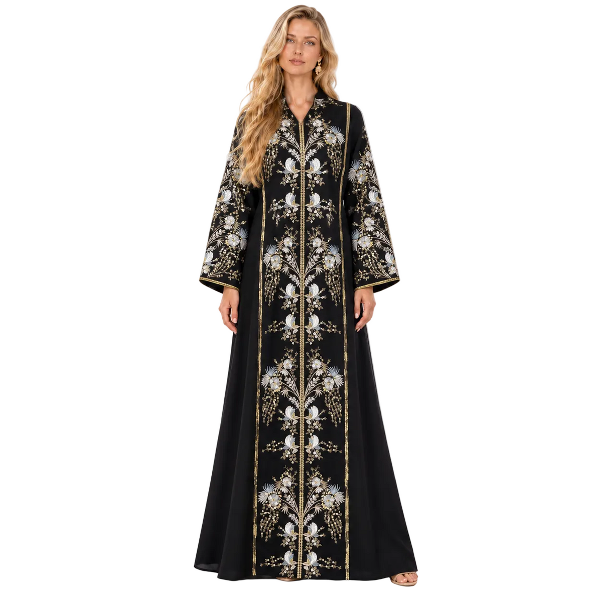Elegant Black Floral Embroidered Gamis Kaftan-1