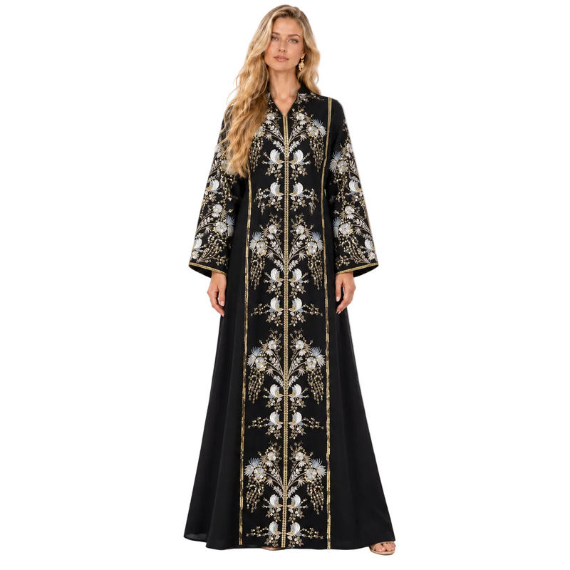 Elegant Black Floral Embroidered Gamis Kaftan-1