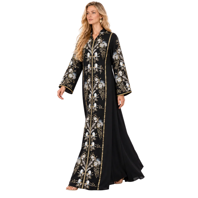 Elegant Black Floral Embroidered Gamis Kaftan-3
