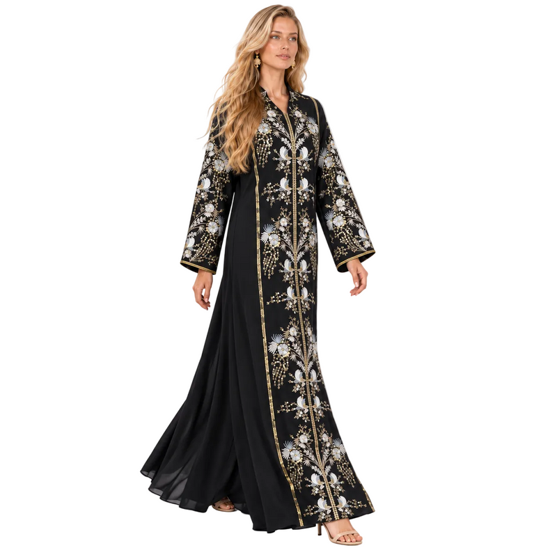 Elegant Black Floral Embroidered Gamis Kaftan-2