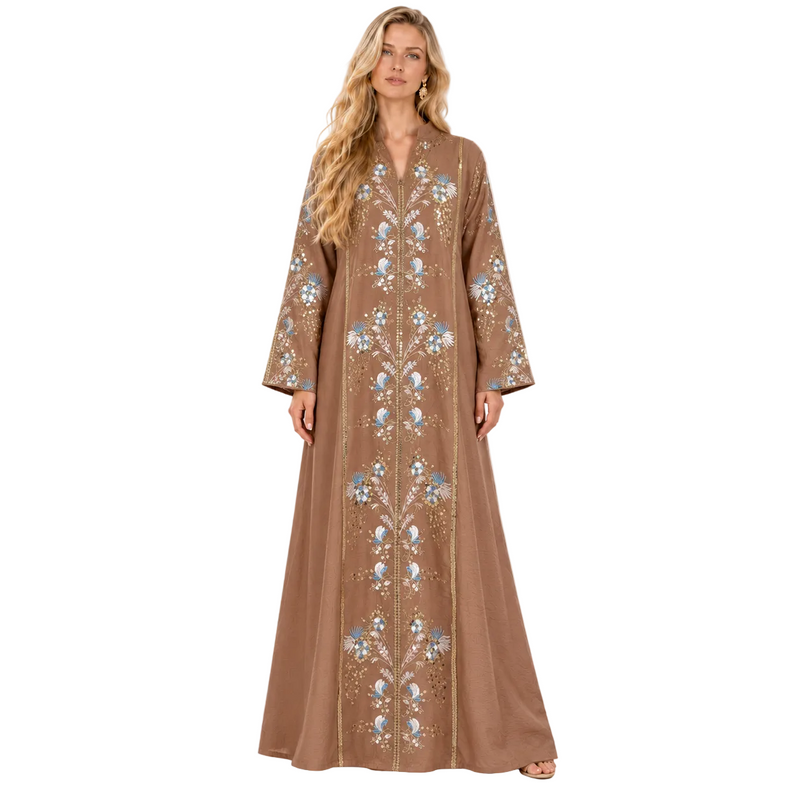 Coffee Blue Floral Embroidered Gamis Kaftan-1