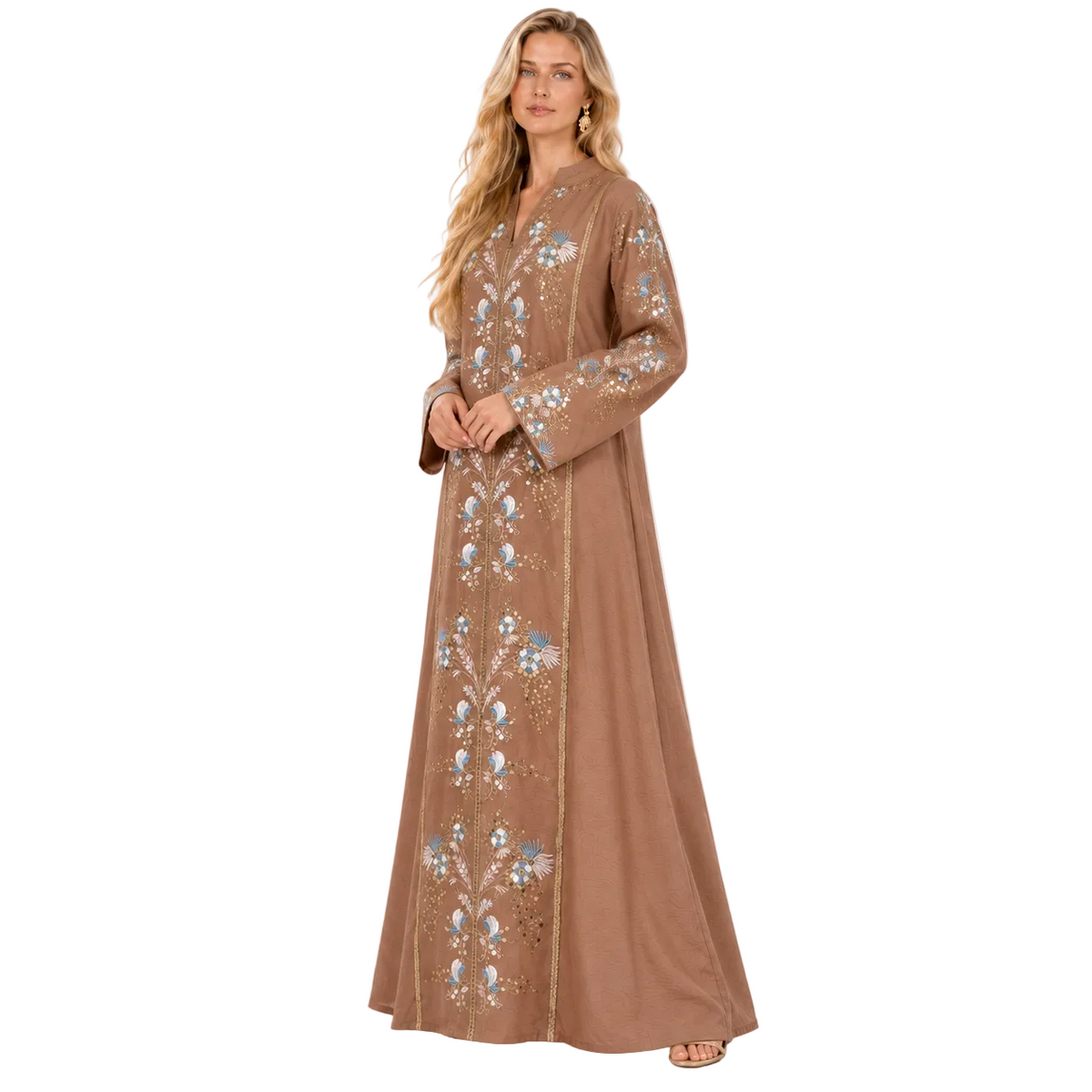 Coffee Blue Floral Embroidered Gamis Kaftan-2