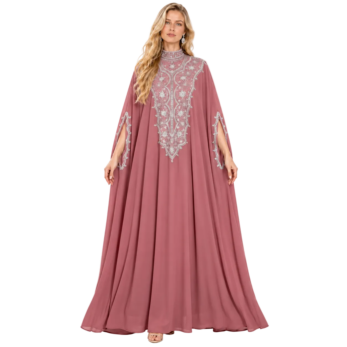 Elegant Dusty Rose Embroidered Gamis Kaftan
