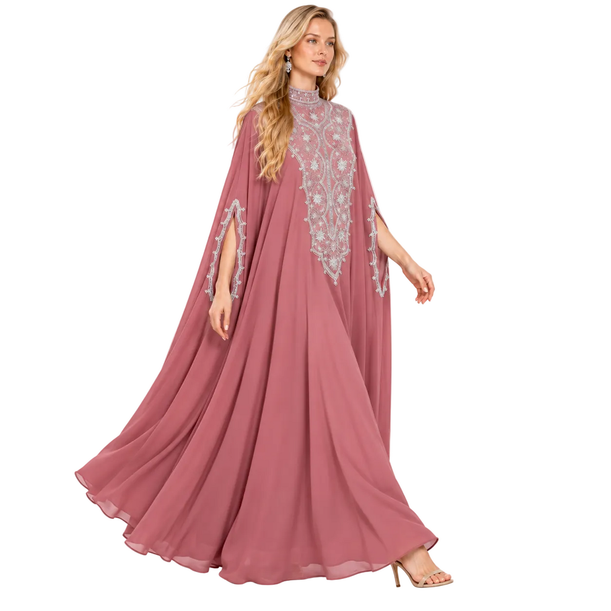 Elegant Dusty Rose Embroidered Gamis Kaftan