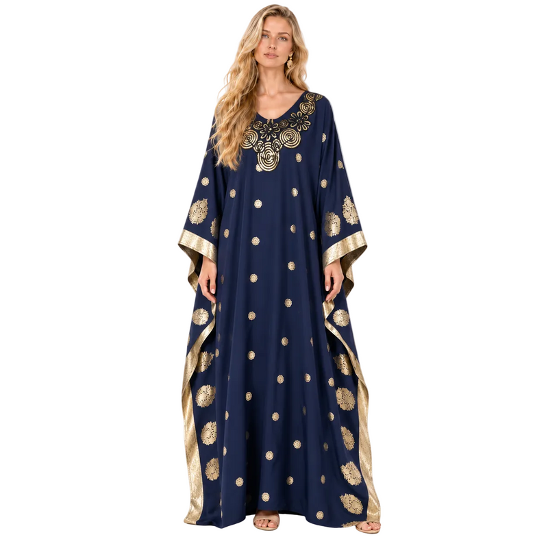 Elegant Blue Gold Embroidered Gamis Kaftan-1