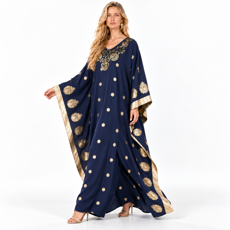 Elegant Blue Gold Embroidered Gamis Kaftan-3